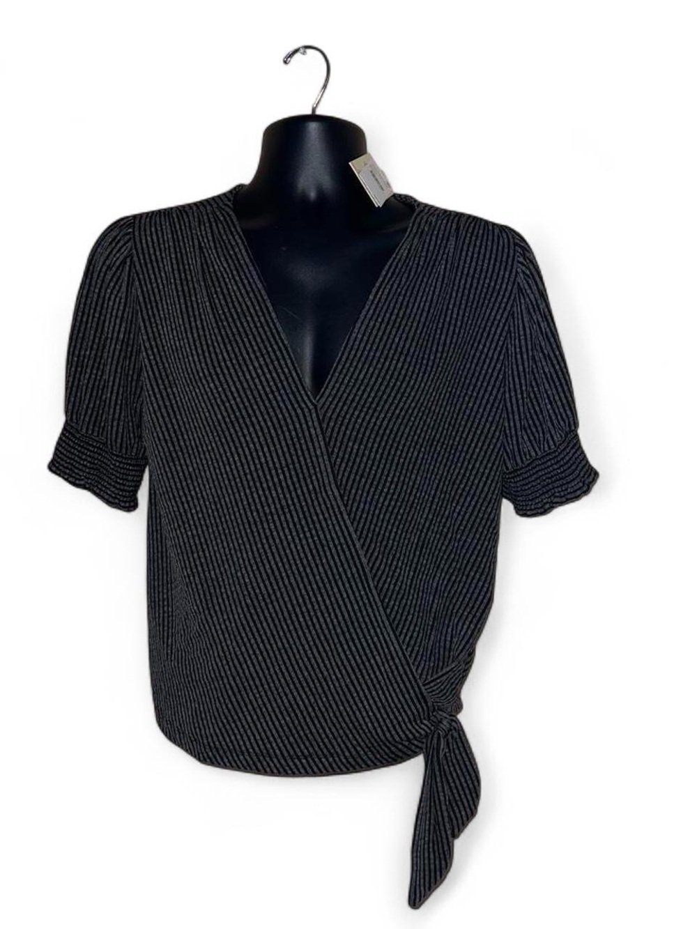 Nordstrom Black Pinstripe Wrap Tie Short Sleeve Top